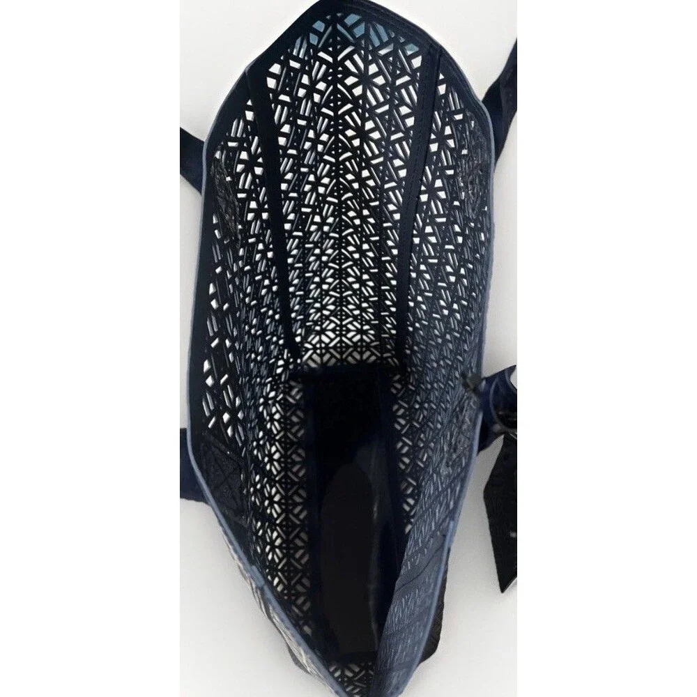 Tory Burch Navy Laser Cut PVC Patent Tote Shopper Beach Bag Geometric Large